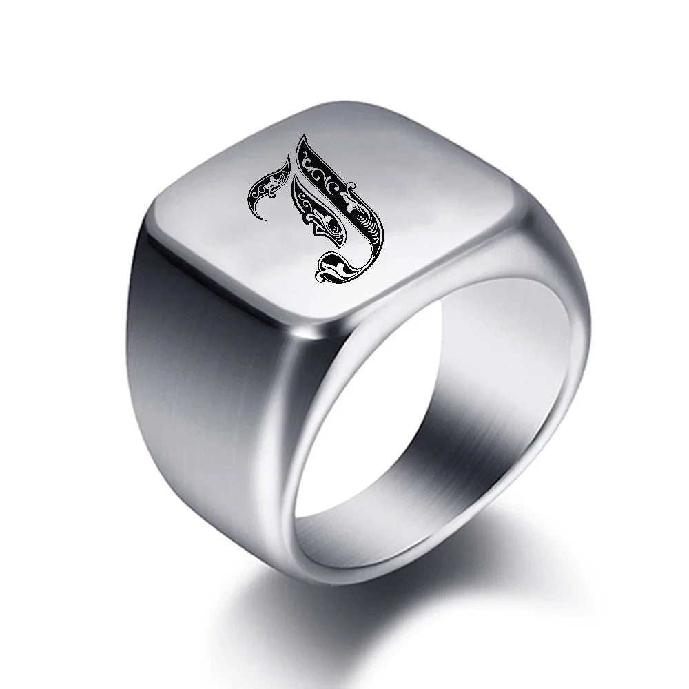 Silver-toned men's initial letter ring