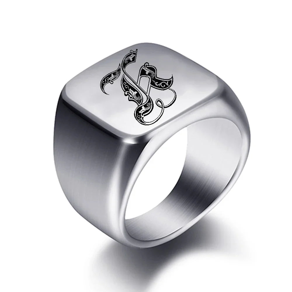 Silver-toned men's initial letter ring
