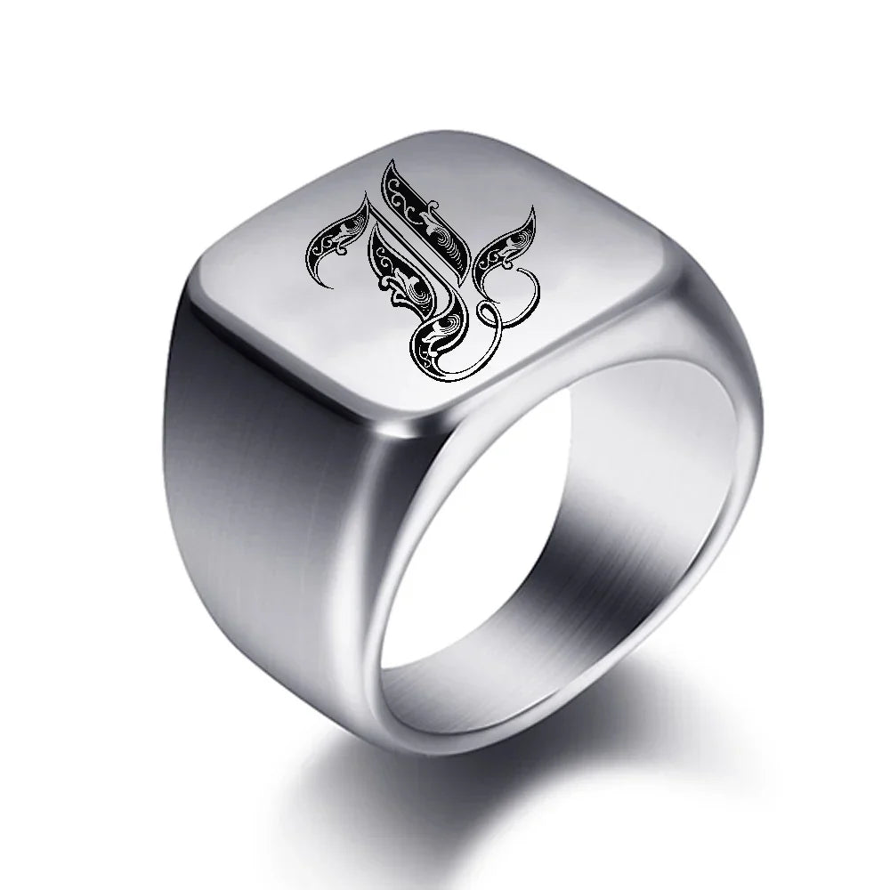 Silver-toned men's initial letter ring