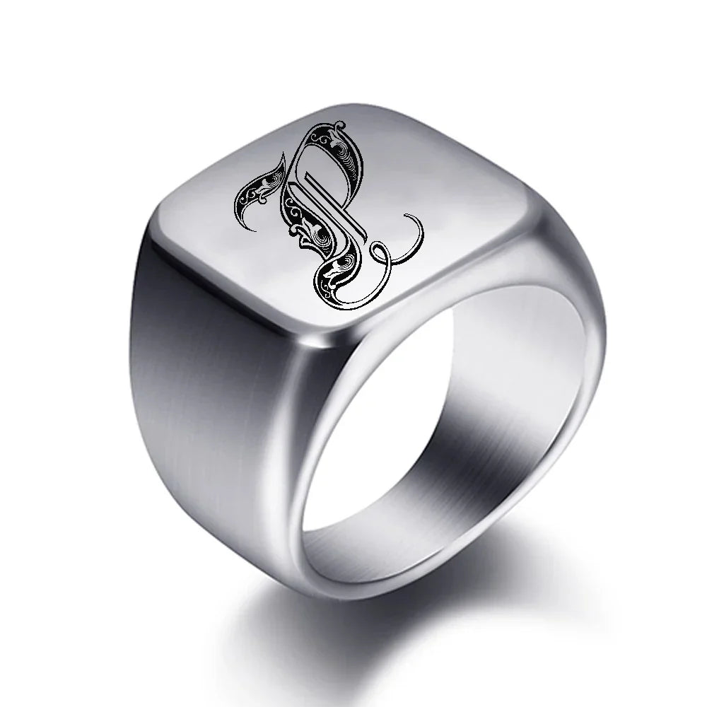 Silver-toned men's initial letter ring