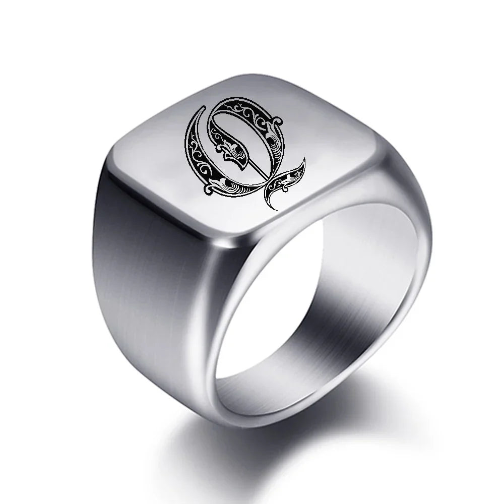 Silver-toned men's initial letter ring