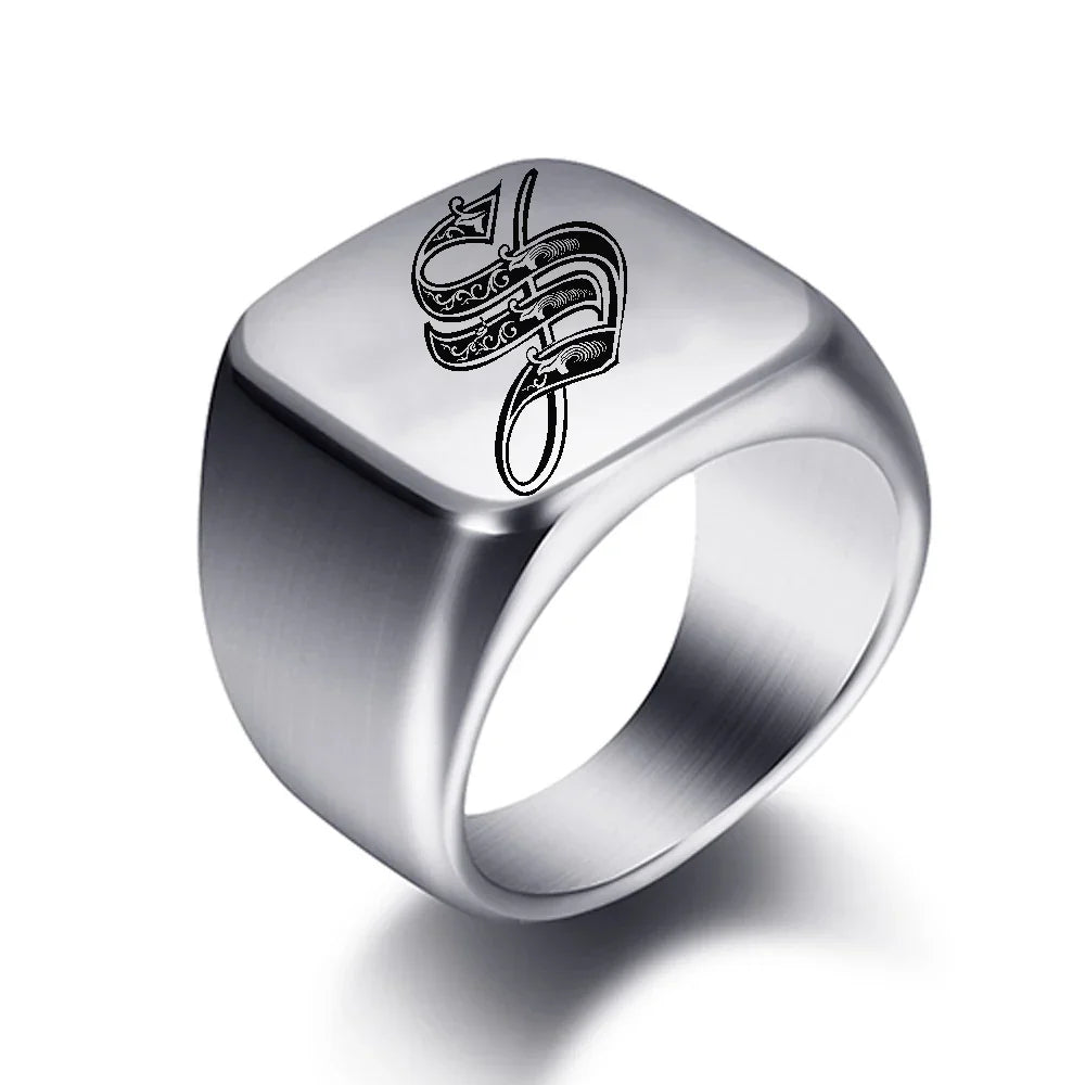 Silver-toned men's initial letter ring