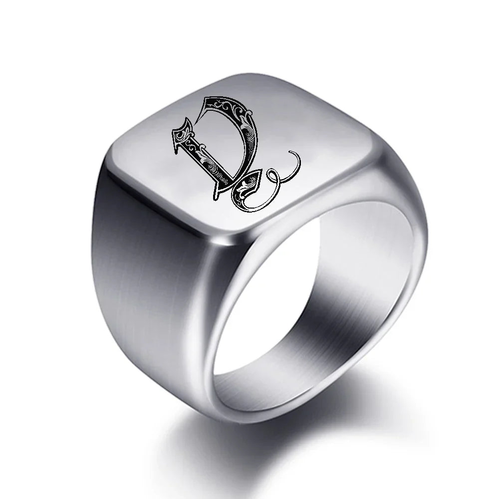 Silver-toned men's initial letter ring