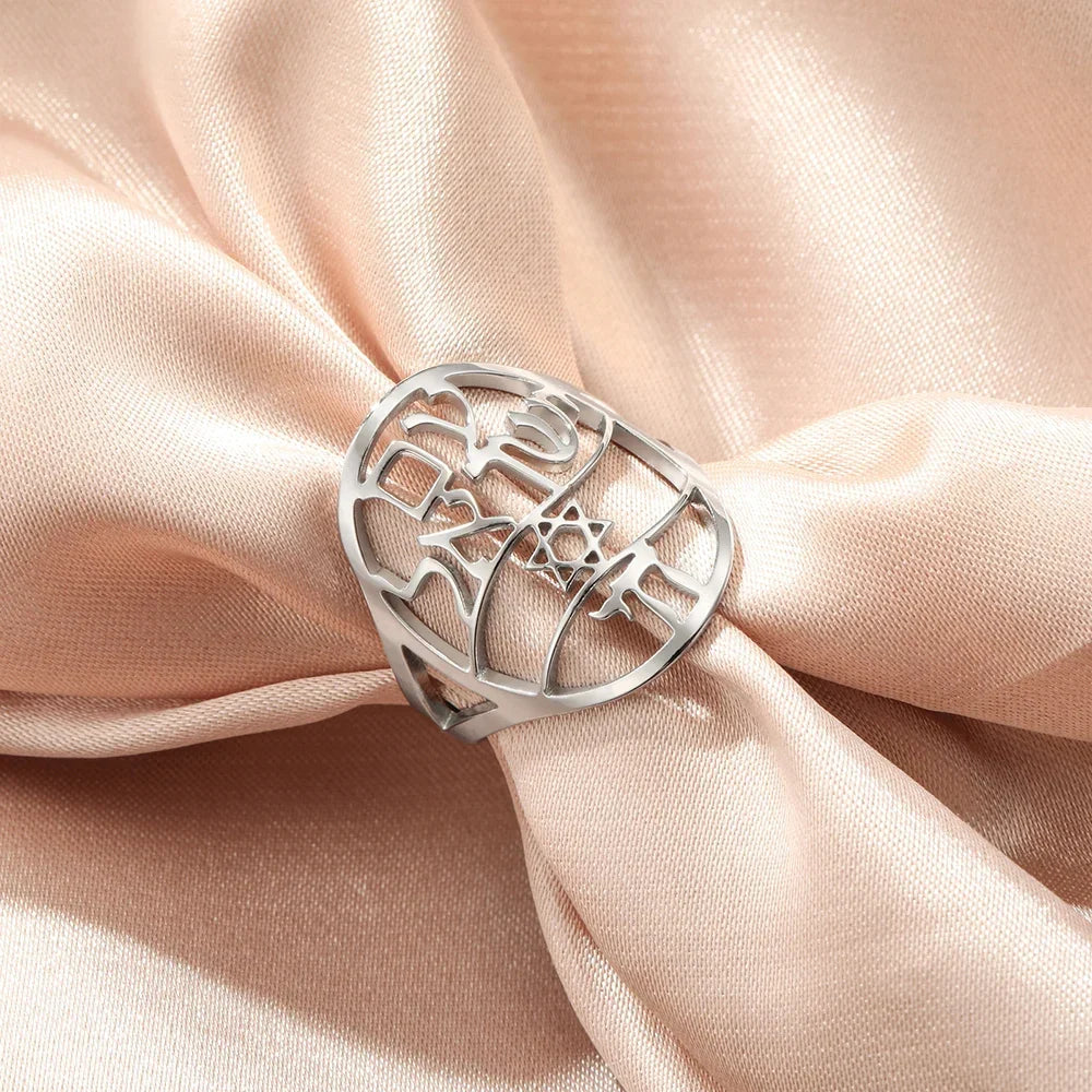 Jewish symbolic ring with Hebrew engraving, Star of David and Hai Chai 