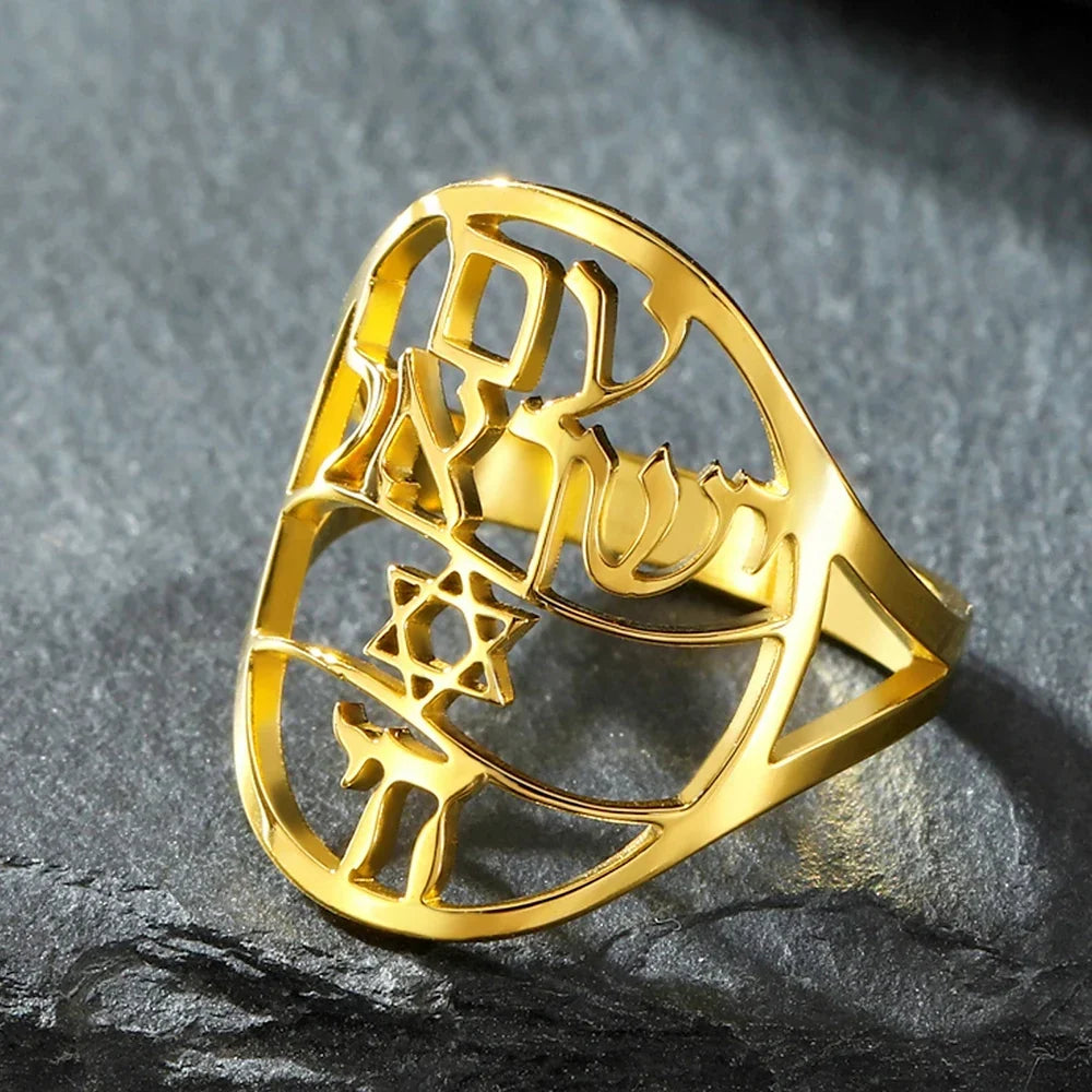 Jewish symbolic ring with Hebrew engraving, Star of David and Hai Chai 
