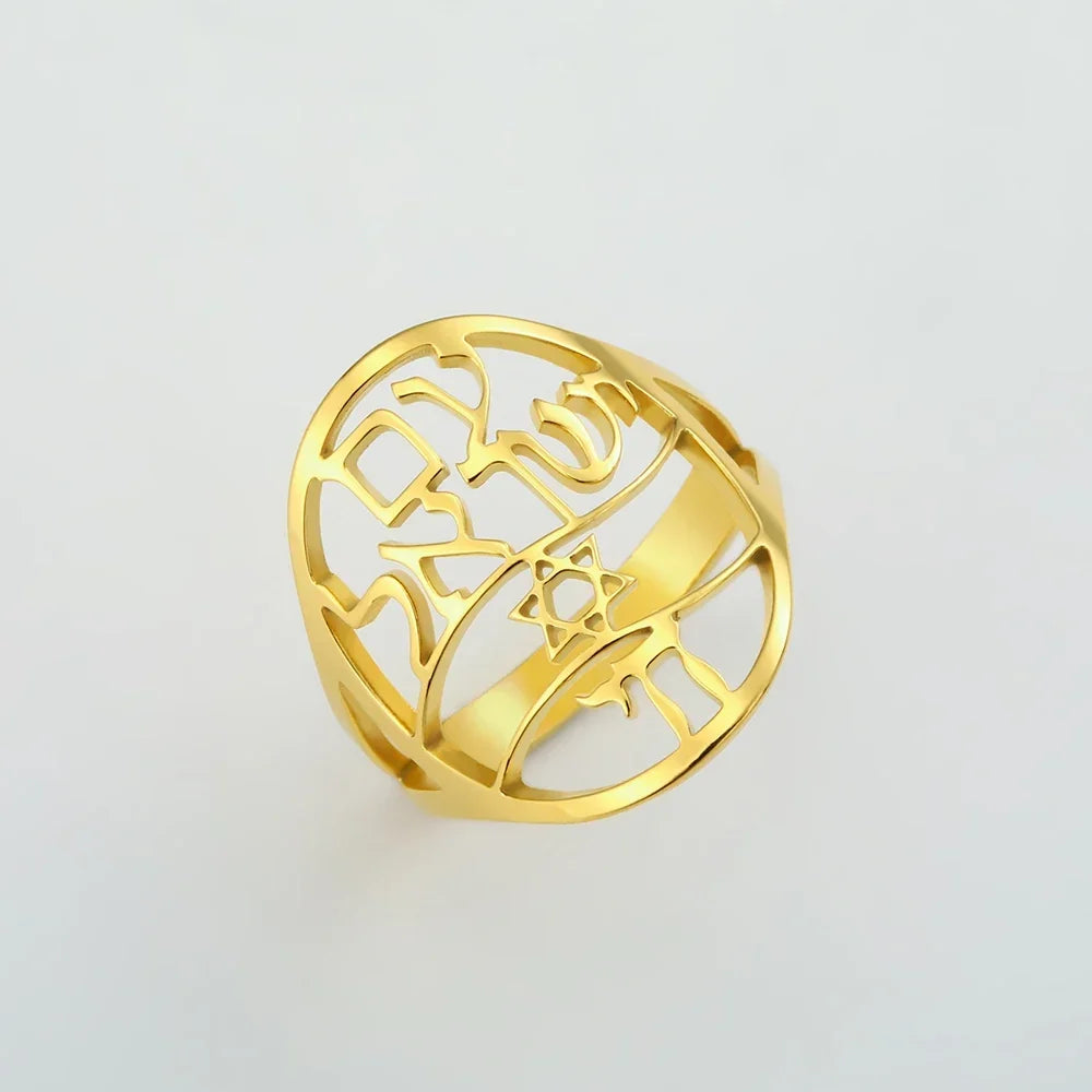 Jewish symbolic ring with Hebrew engraving, Star of David and Hai Chai 