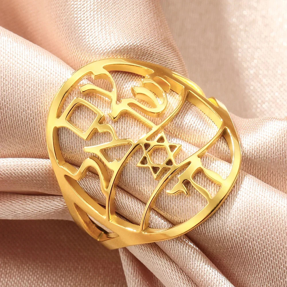 Jewish symbolic ring with Hebrew engraving, Star of David and Hai Chai 