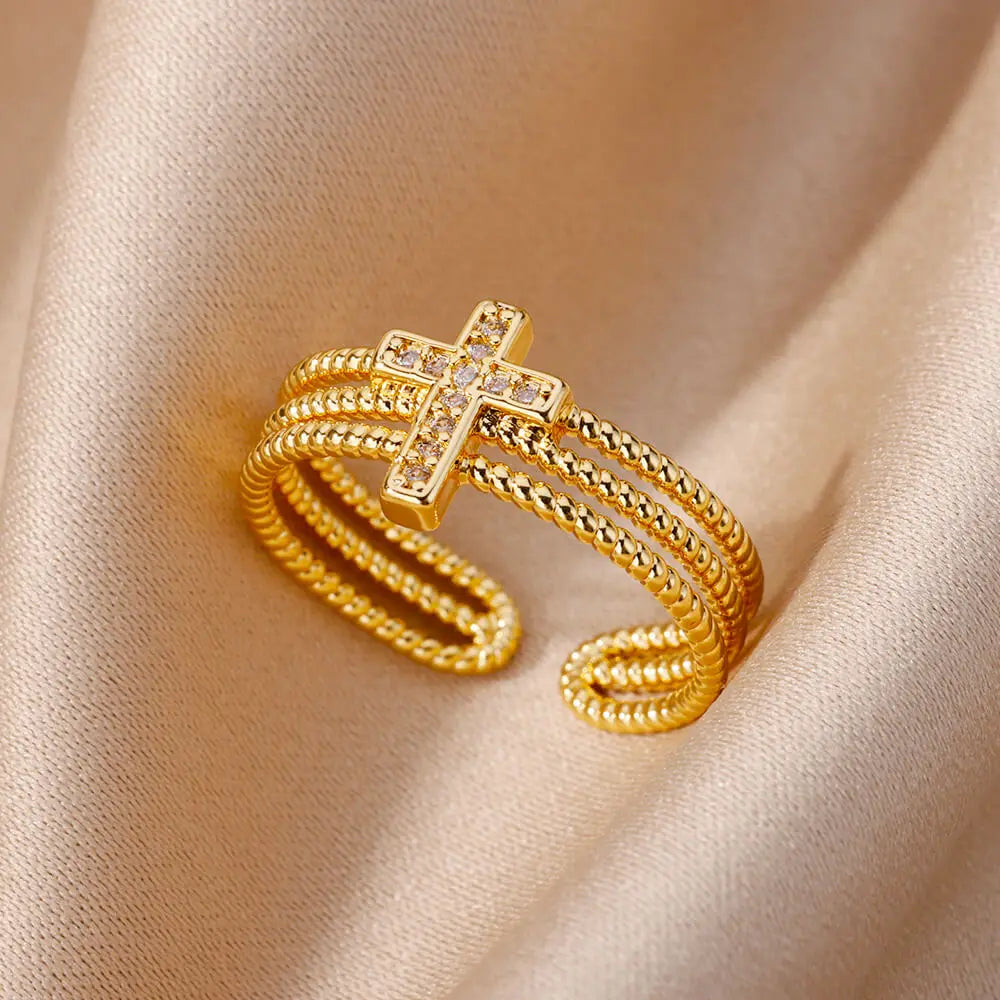 Women's Triple Christian Cross Ring Gold