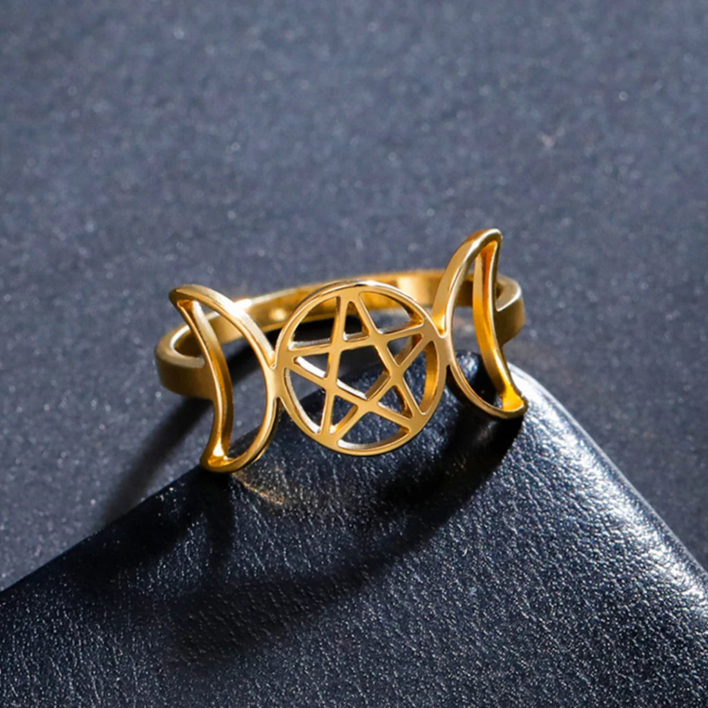 Fine Triple Moon Witchcraft Ring for Women Wiccan Gold B