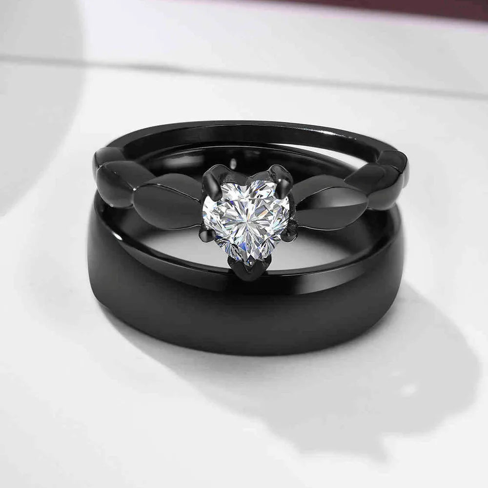Couple Rings Heart Romantic Ring with Black Zircon