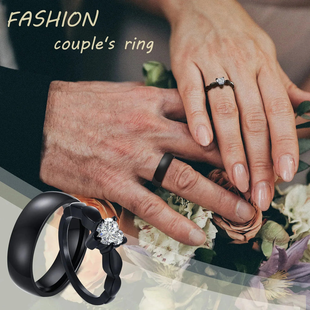 Couple Rings Heart Romantic Ring with Black Zircon