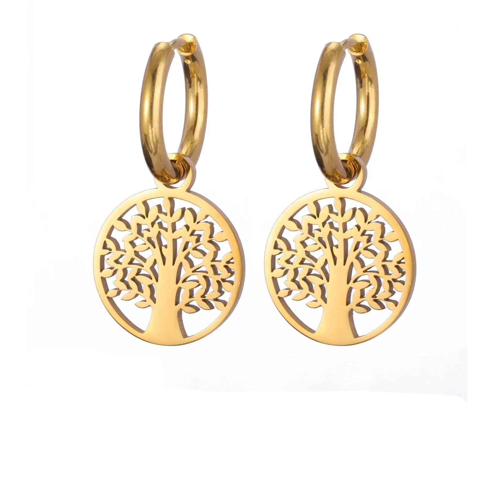 Gold Tree of Life Hoop Drop Earrings