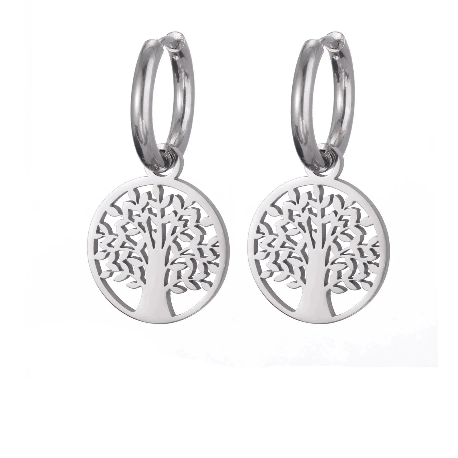 Silver Tree of Life Hoop Drop Earrings
