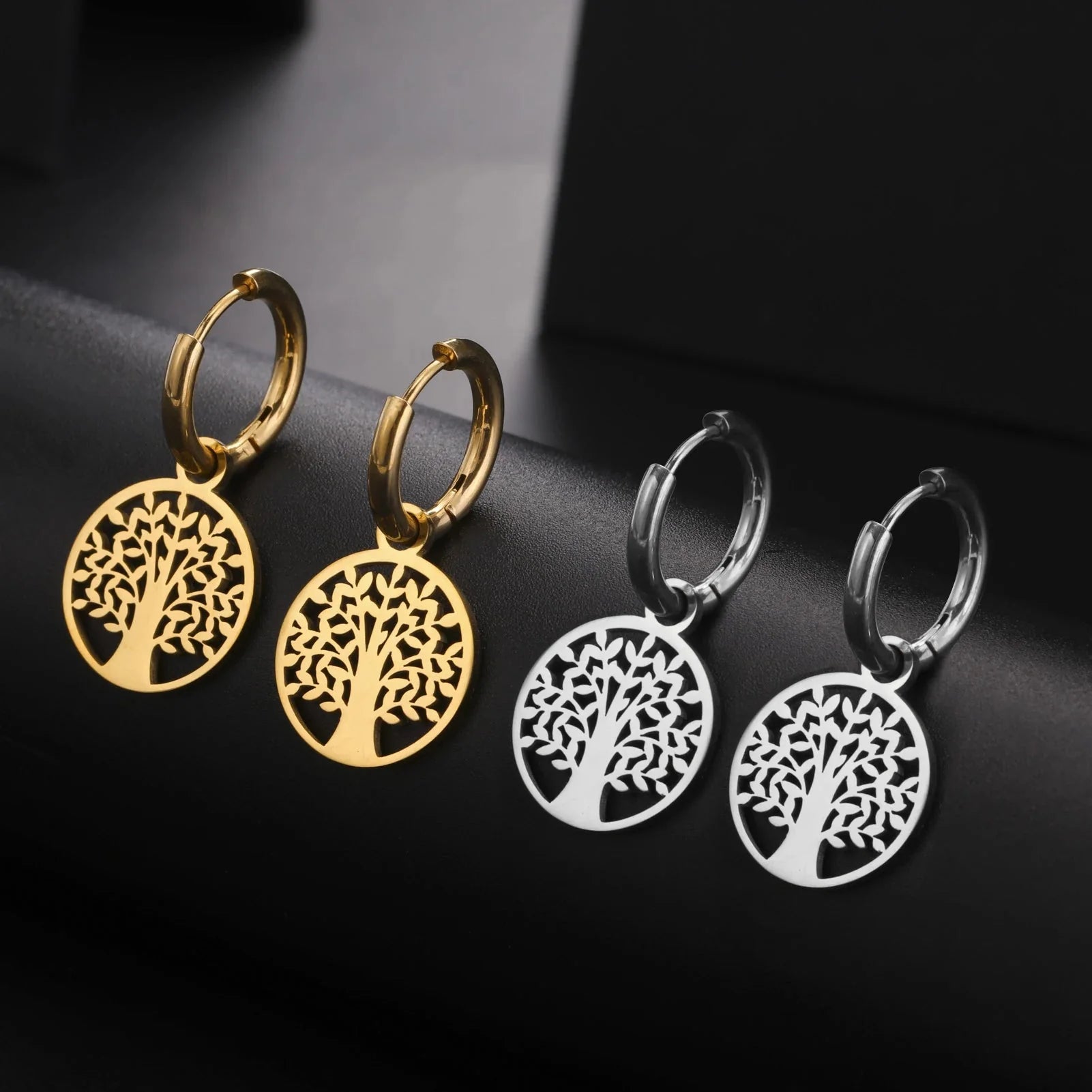 Silver Tree of Life Hoop Drop Earrings