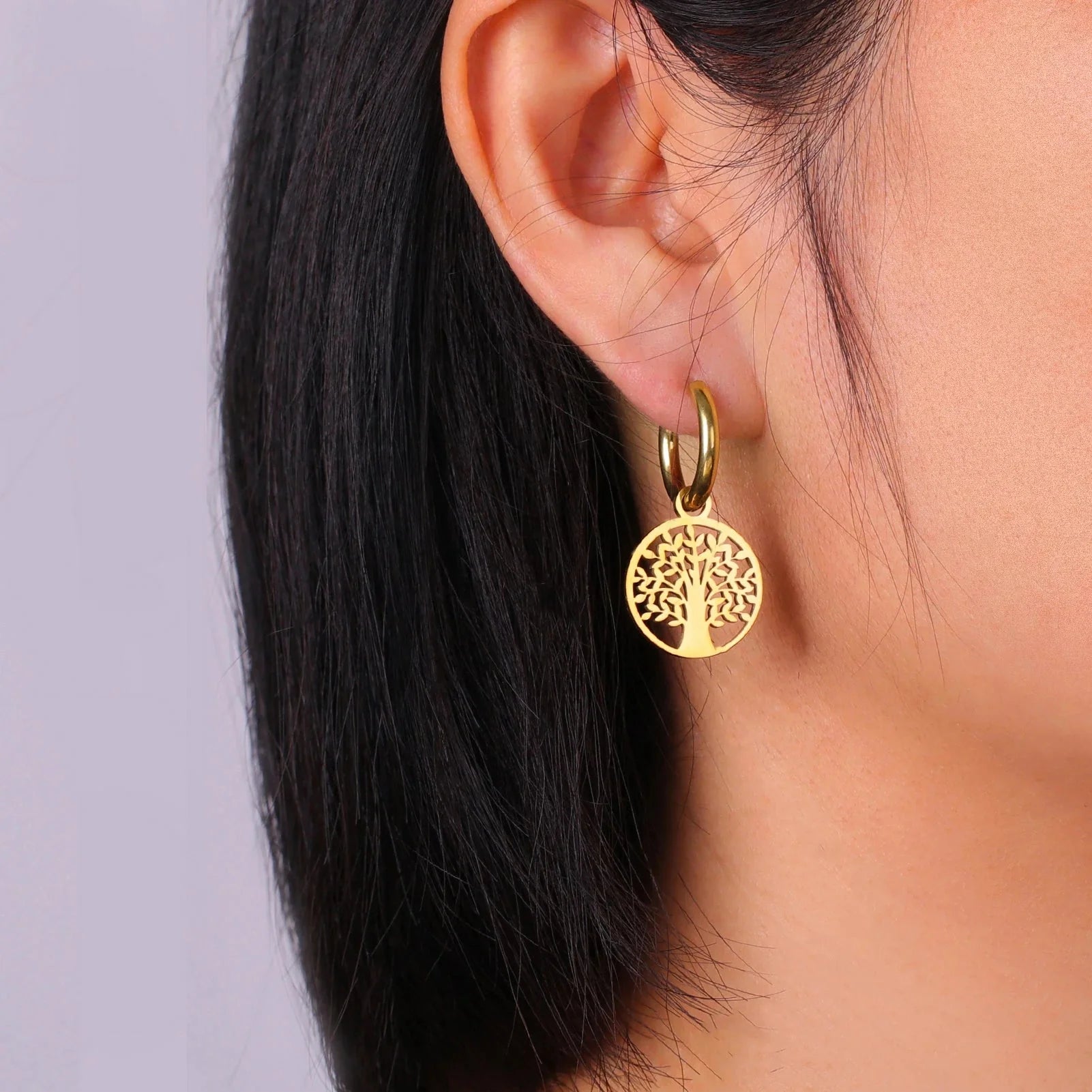 Gold Tree of Life Hoop Drop Earrings