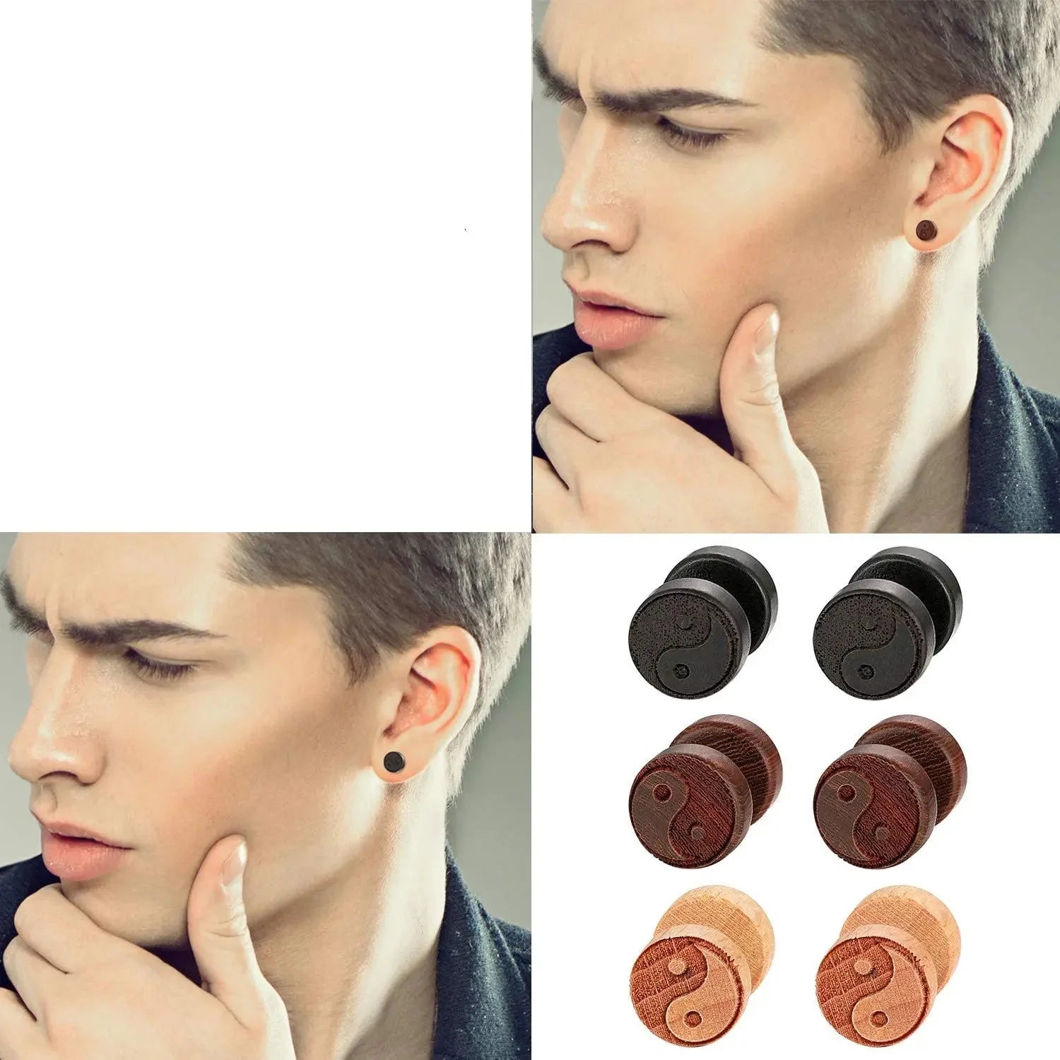 Pendientes de botón de madera Yin Yang para hombre
