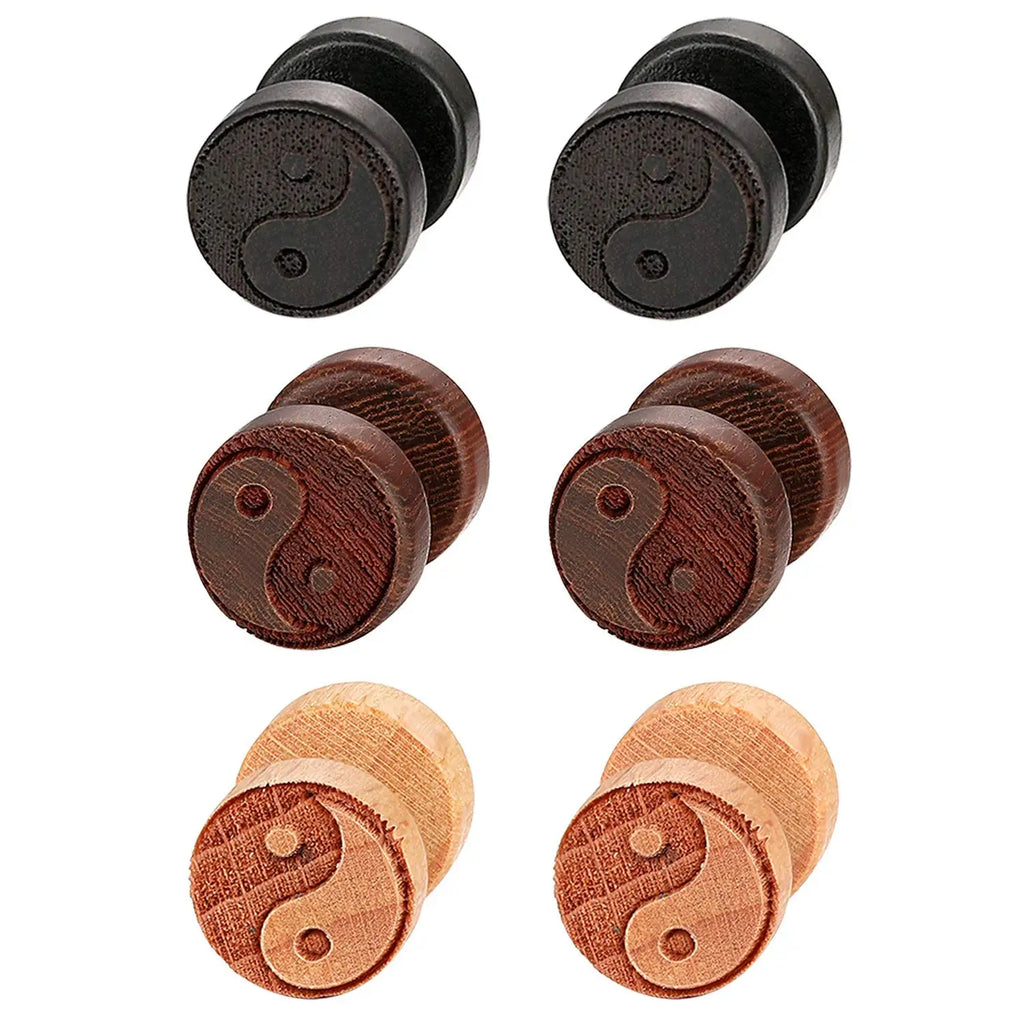 Boucles d'Oreilles Clou en Bois Yin Yang noir