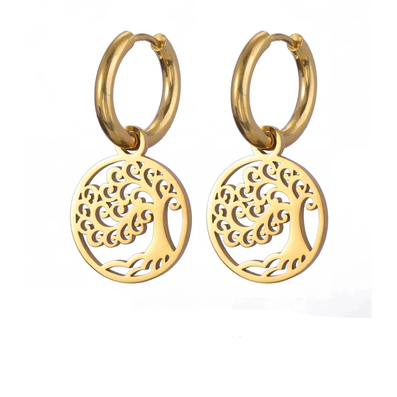 Gold Tree of Life Hoop Drop Earrings