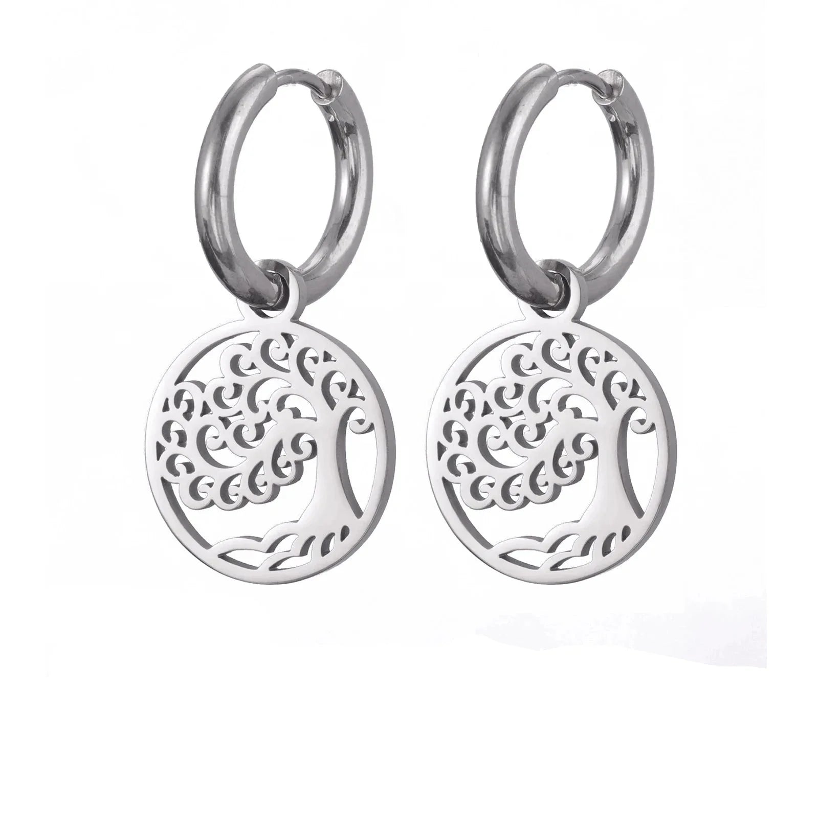 Silver Tree of Life Hoop Drop Earrings