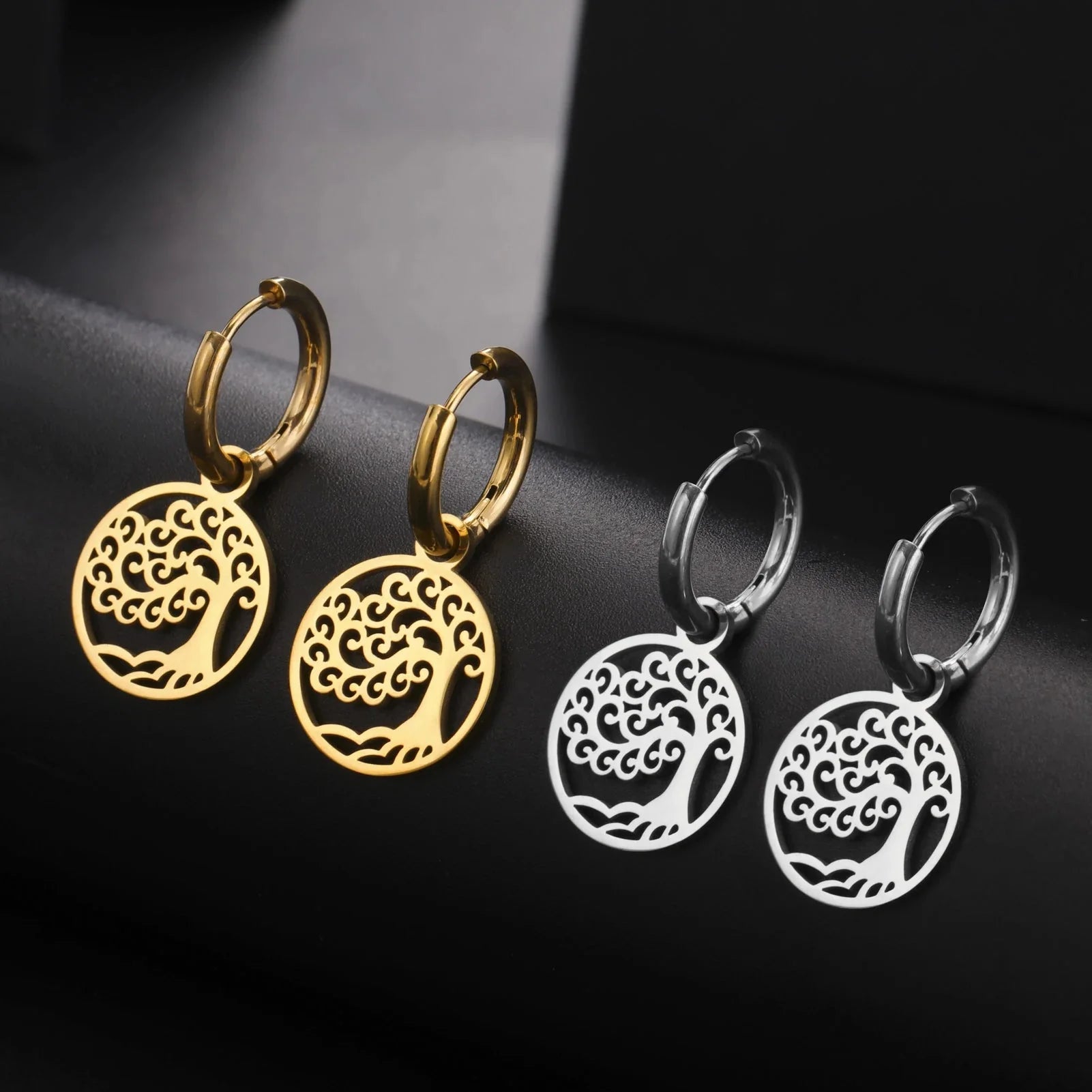 Silver Tree of Life Hoop Drop Earrings