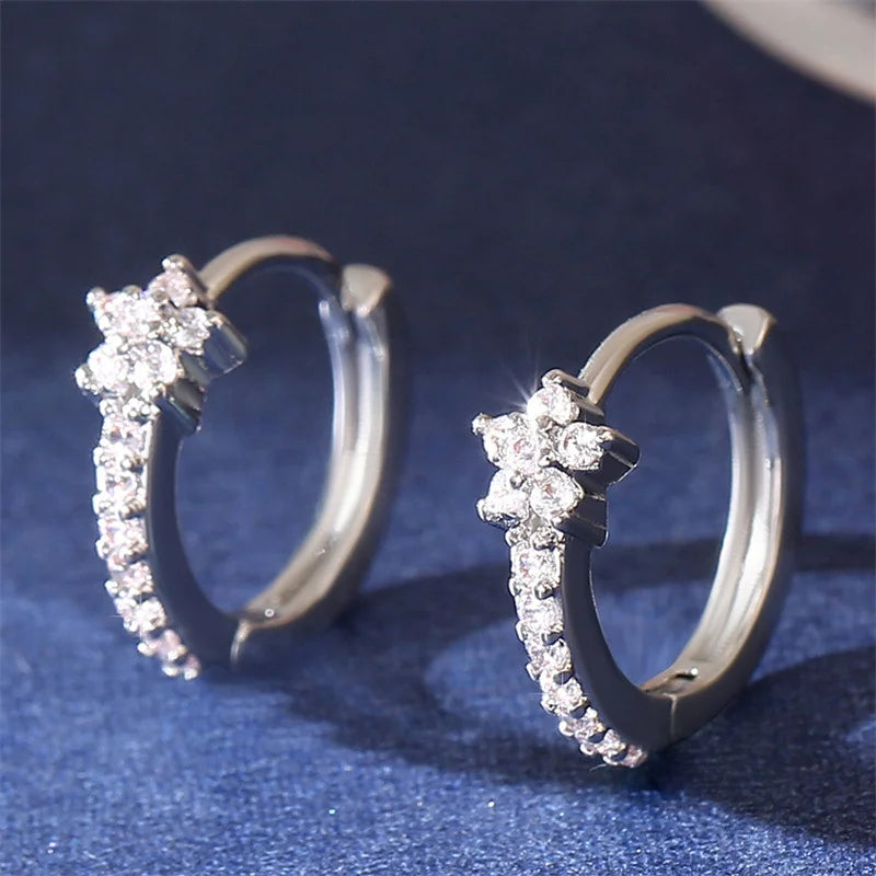 Silver Zircon Star Hoop Earrings