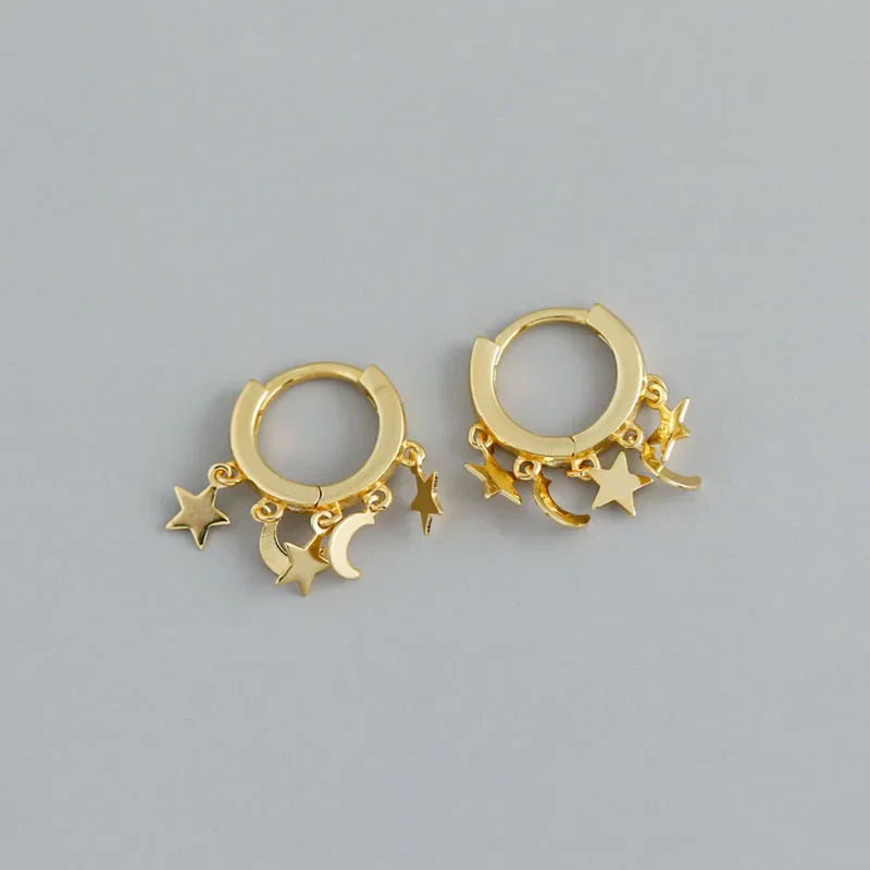 Gold Star and Moon Dangle Hoop Earrings