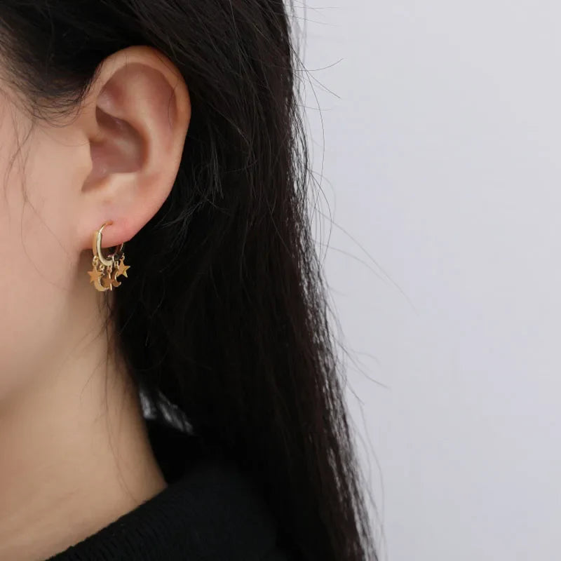 Gold Star and Moon Dangle Hoop Earrings