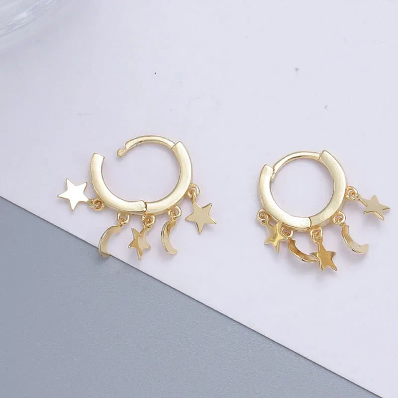 Gold Star and Moon Dangle Hoop Earrings
