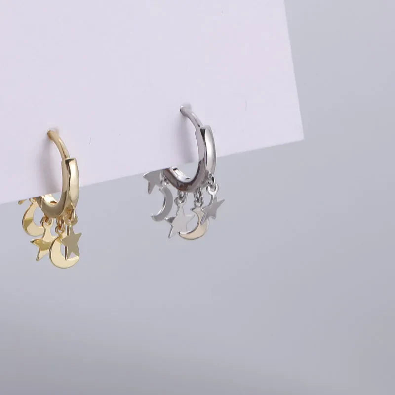 Silver Star and Moon Dangle Hoop Earrings