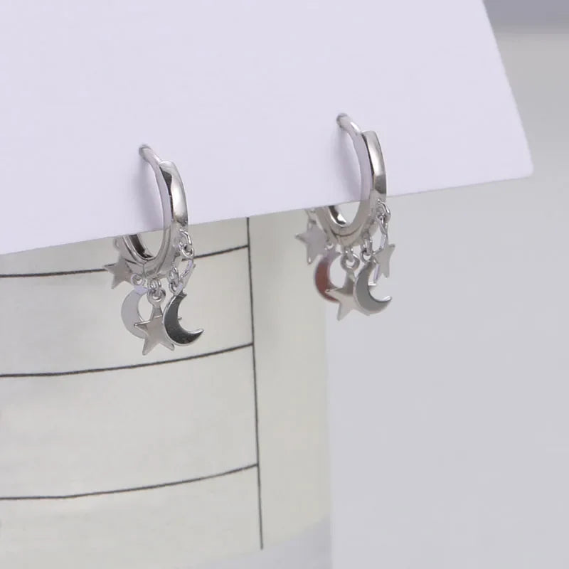 Silver Star and Moon Dangle Hoop Earrings