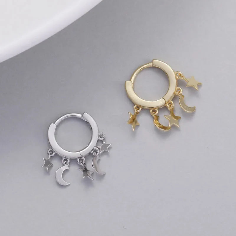 Silver Star and Moon Dangle Hoop Earrings