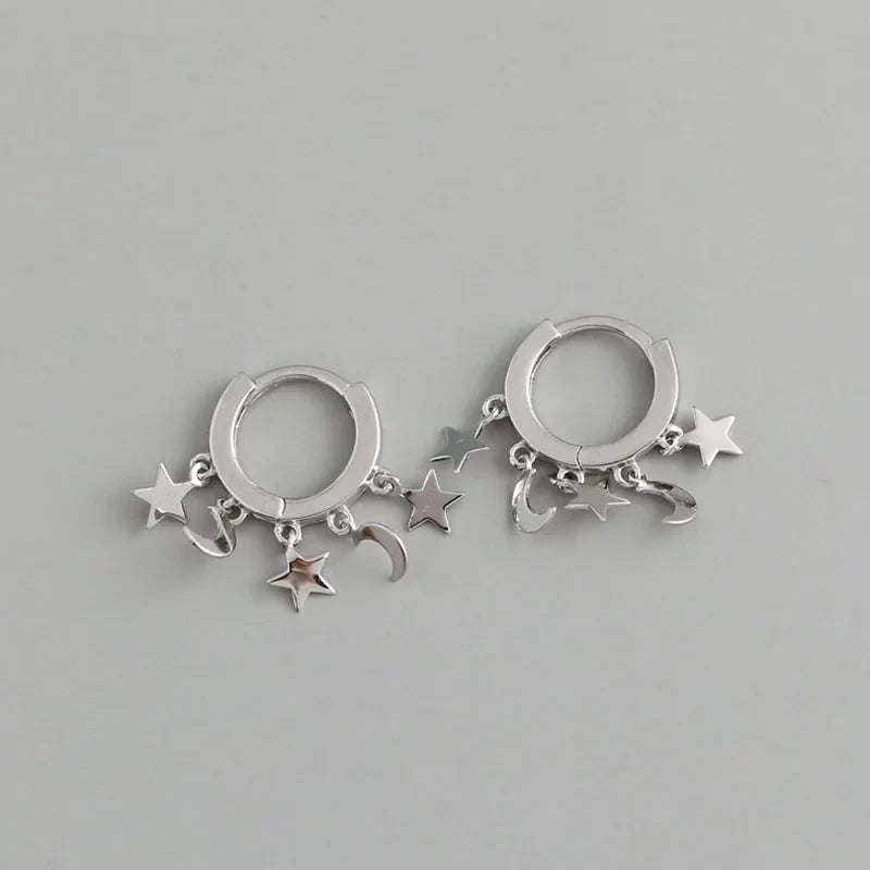 Silver Star and Moon Dangle Hoop Earrings