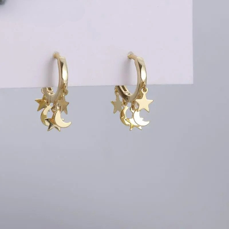Gold Star and Moon Dangle Hoop Earrings