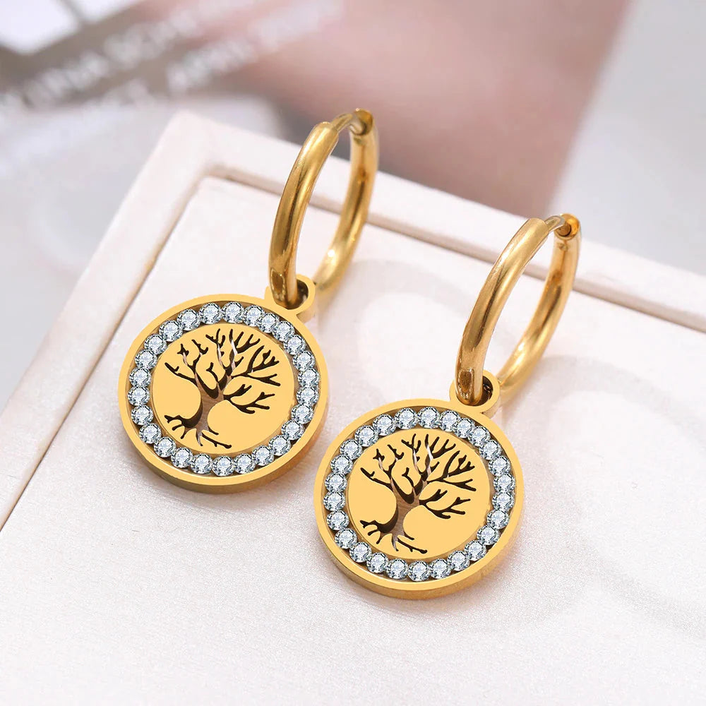 Gold Tree of Life Dangle Hoop Earrings