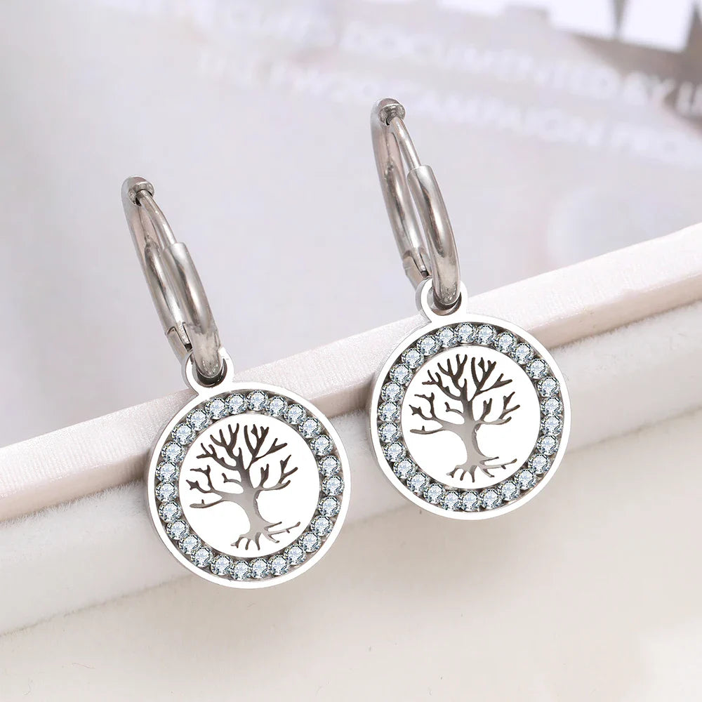 Silver Tree of Life Dangle Hoop Earrings