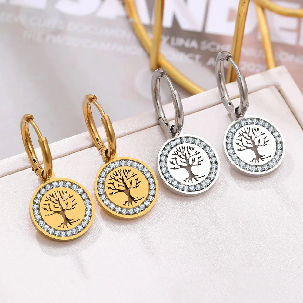 Silver Tree of Life Dangle Hoop Earrings