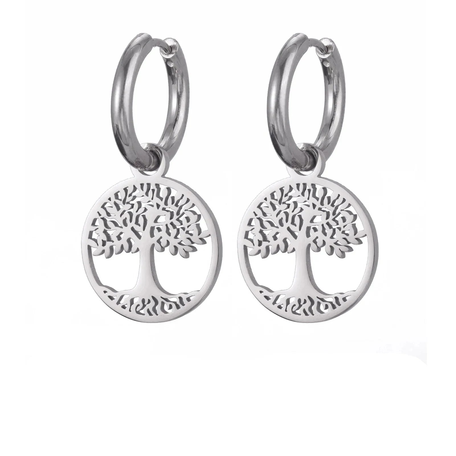 Women's Silver Tree of Life Hoop Drop Earrings