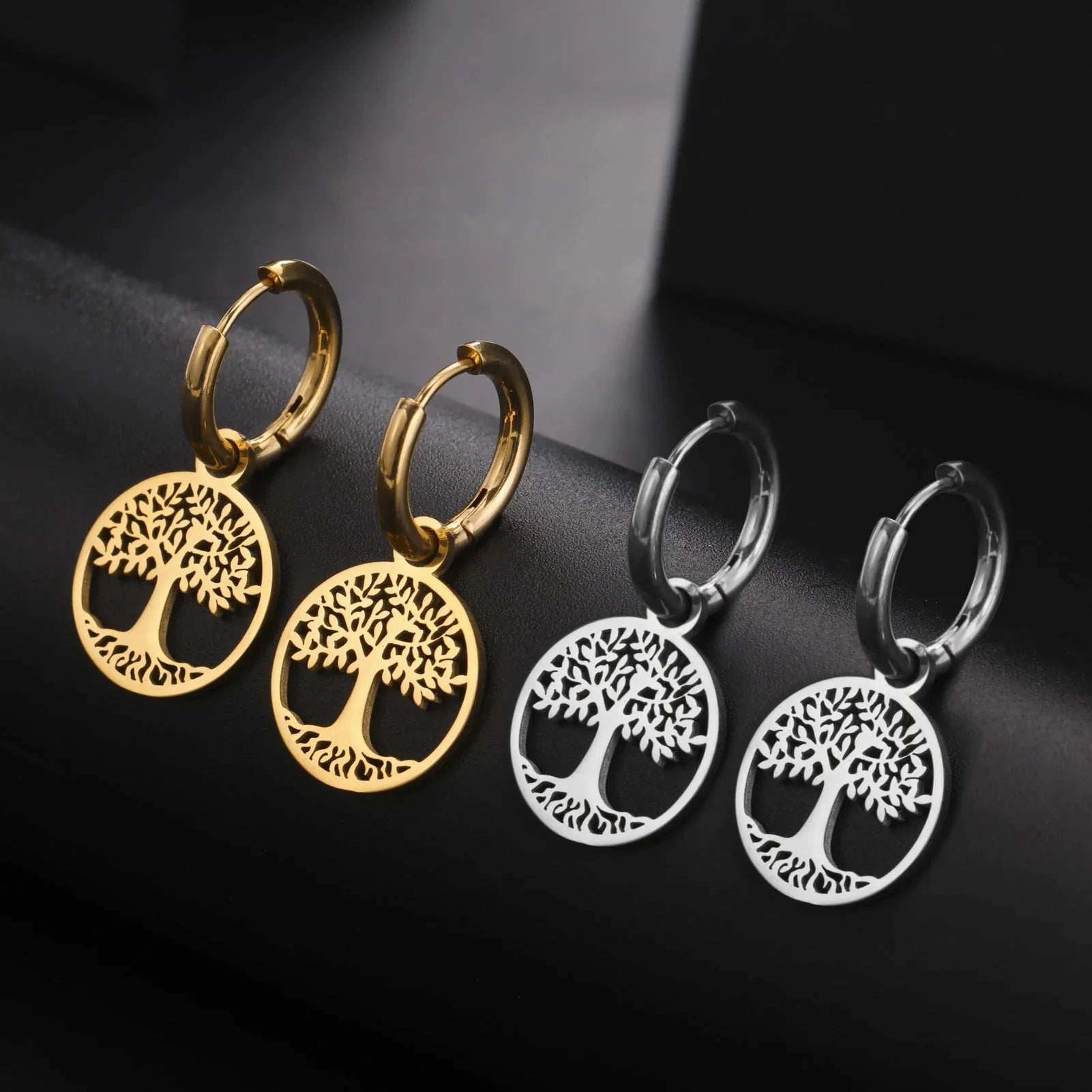 Women's Silver Tree of Life Hoop Drop Earrings