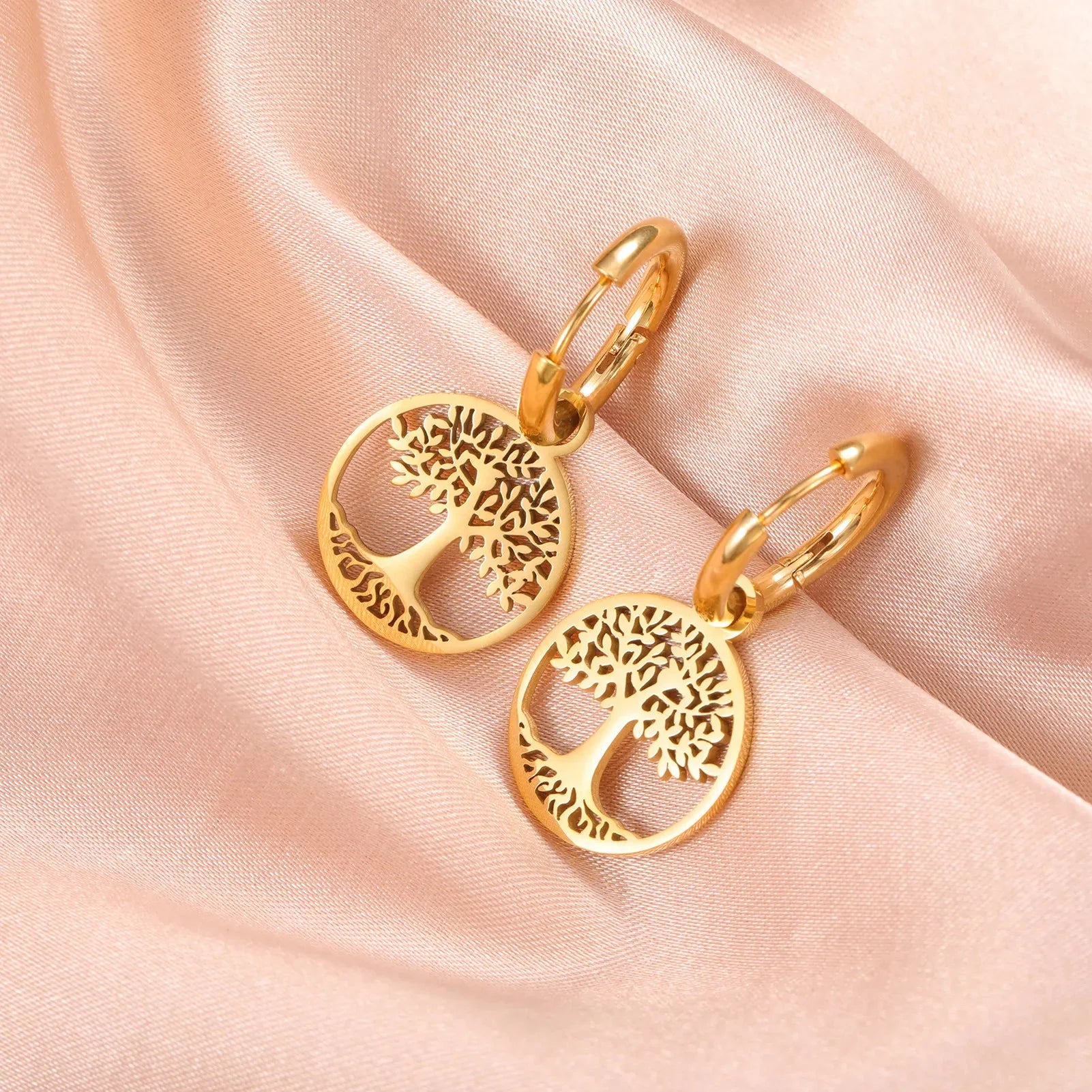 Women's Gold Tree of Life Hoop Drop Earrings