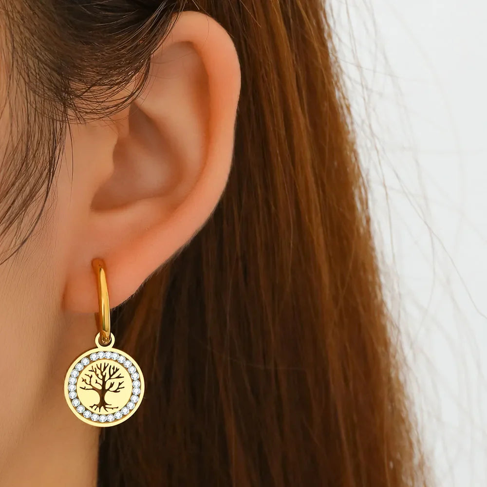 Gold Tree of Life Dangle Hoop Earrings
