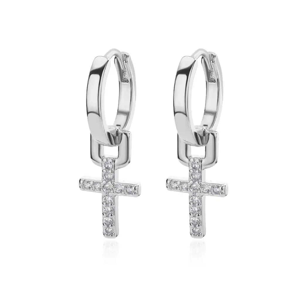 Women's Cross Hoop Earrings Silver