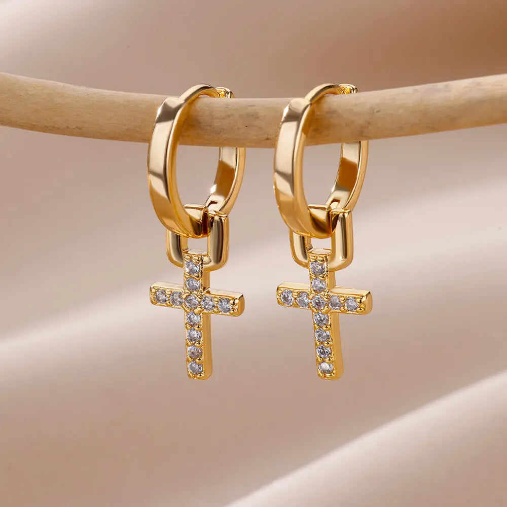 Women's Cross Hoop Earrings Gold