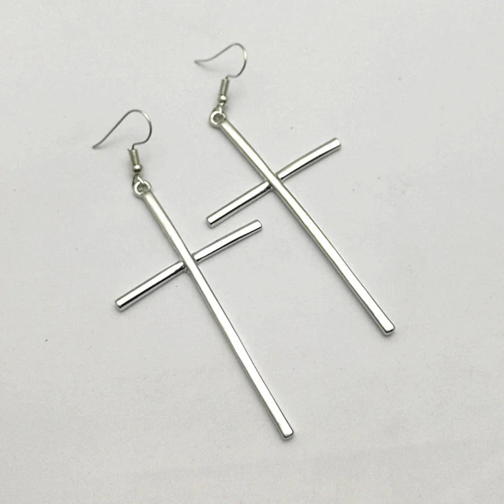 Long Silver Cross Earrings