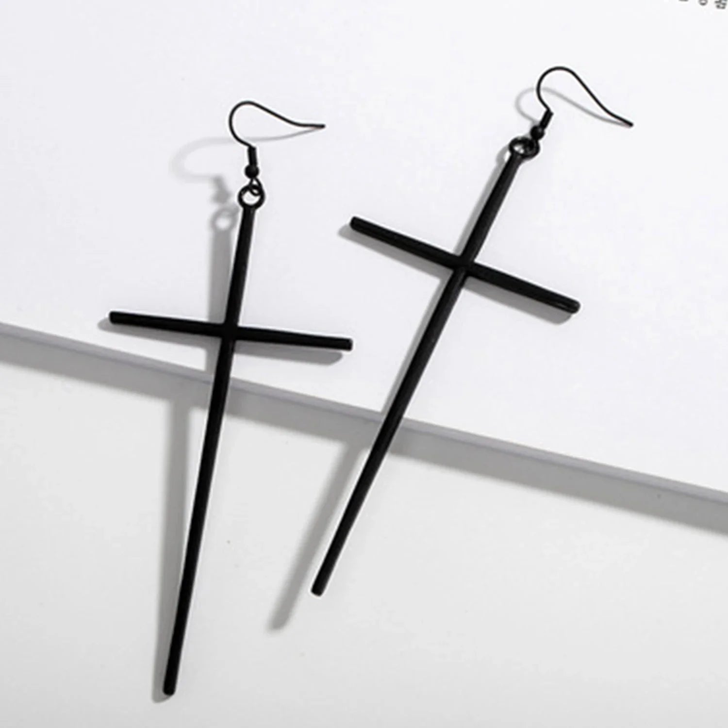 Long Black Cross Earrings