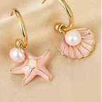 Boucles d'oreilles émaillées coquillage et perle rose