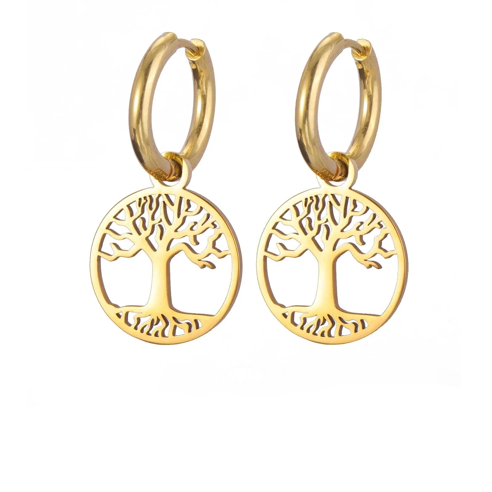 Women's Earrings Hanging Hoop Tree of Life gold