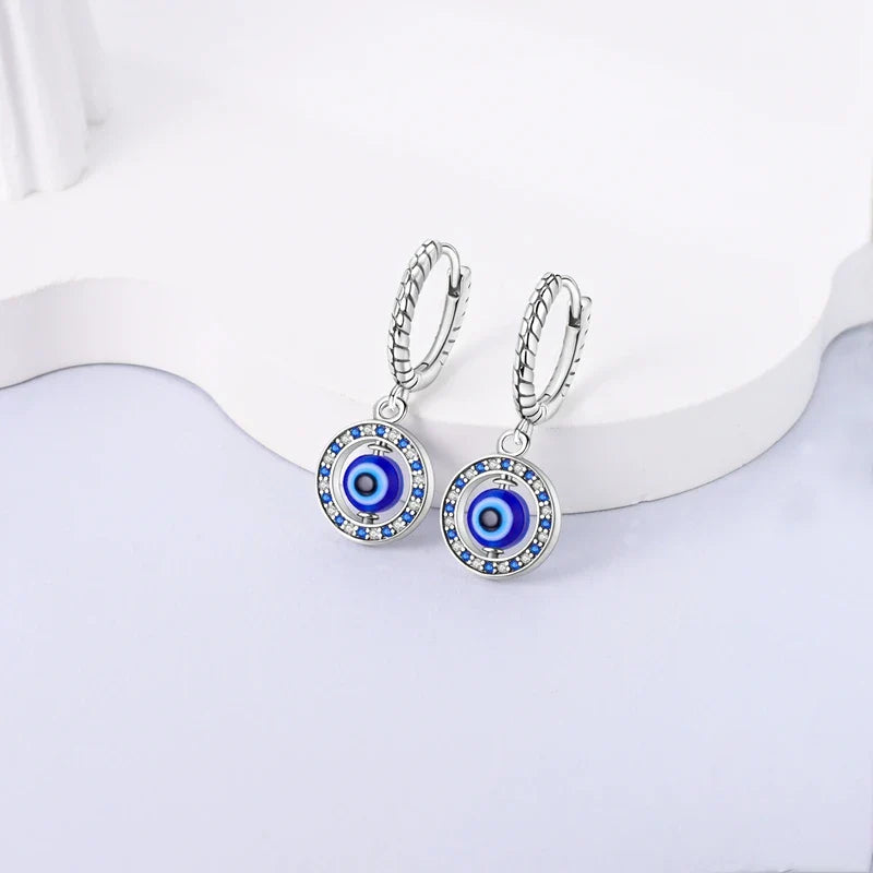 Blue Round Evil Eye Earrings with Pearls