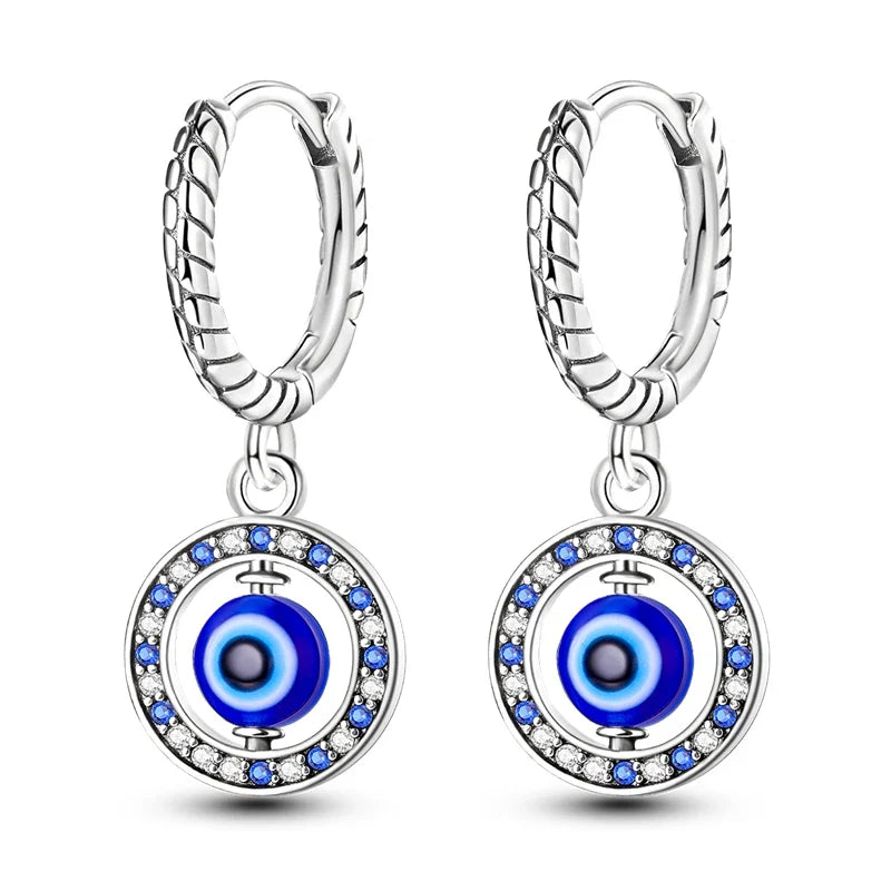 Blue Round Evil Eye Earrings with Pearls