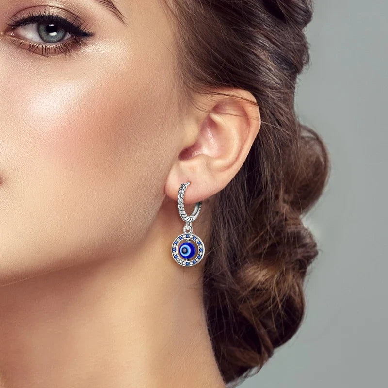 Blue Round Evil Eye Earrings with Pearls