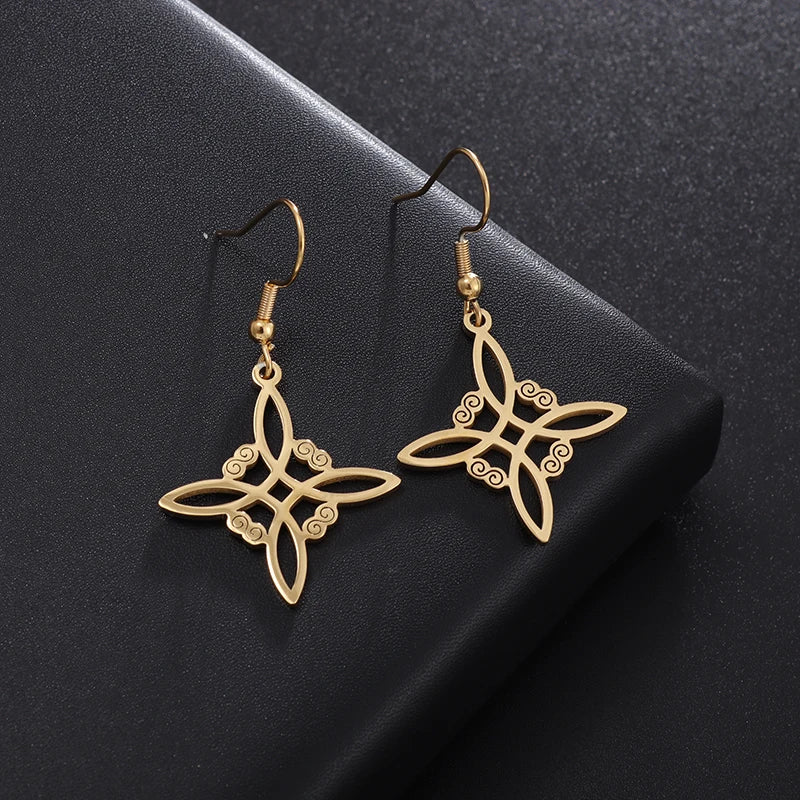 Wiccan Gold Witch's Knot Protective Dangle Earrings for Women